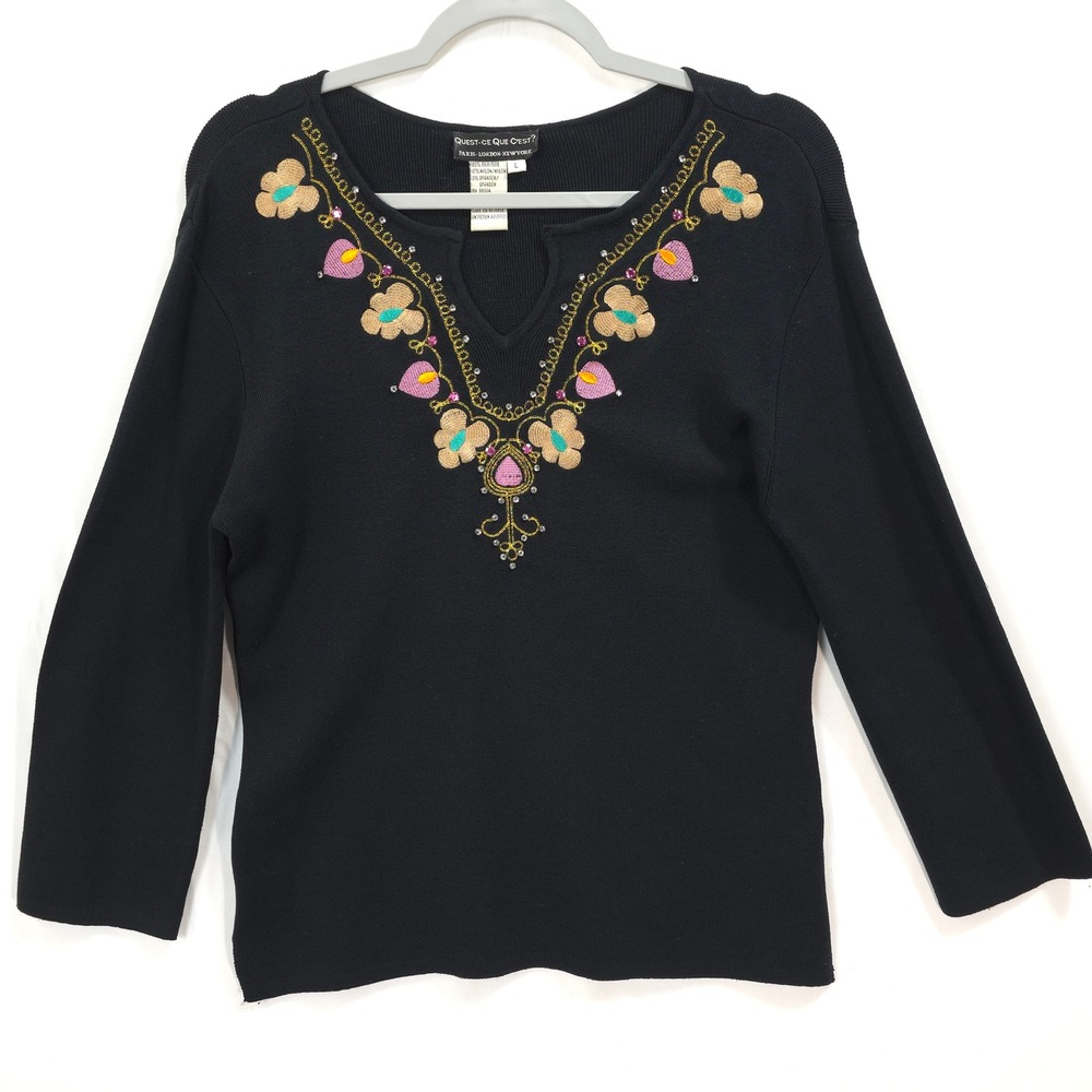Quest-ce Que C'est Silk Blend Embroidered Beaded Sweater Women L Black Boho Luxe